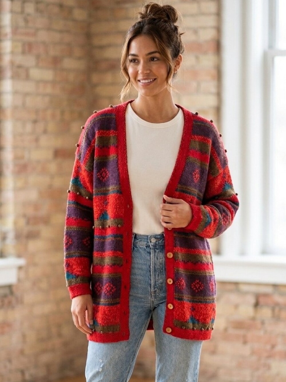 Vintage  Multicolor Statement Knit Cardigan Ramie Cotton Size M